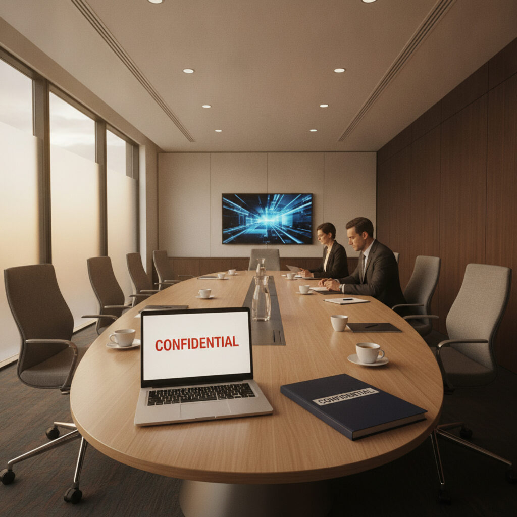 Bank audit committee reviewing a confidential document in a boardroom before a regulatory examination
