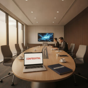 Bank audit committee reviewing a confidential document in a boardroom before a regulatory examination