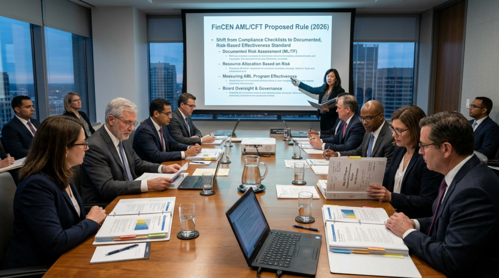 Bank board and audit committee reviewing AML program documentation under FinCEN's new effectiveness standard