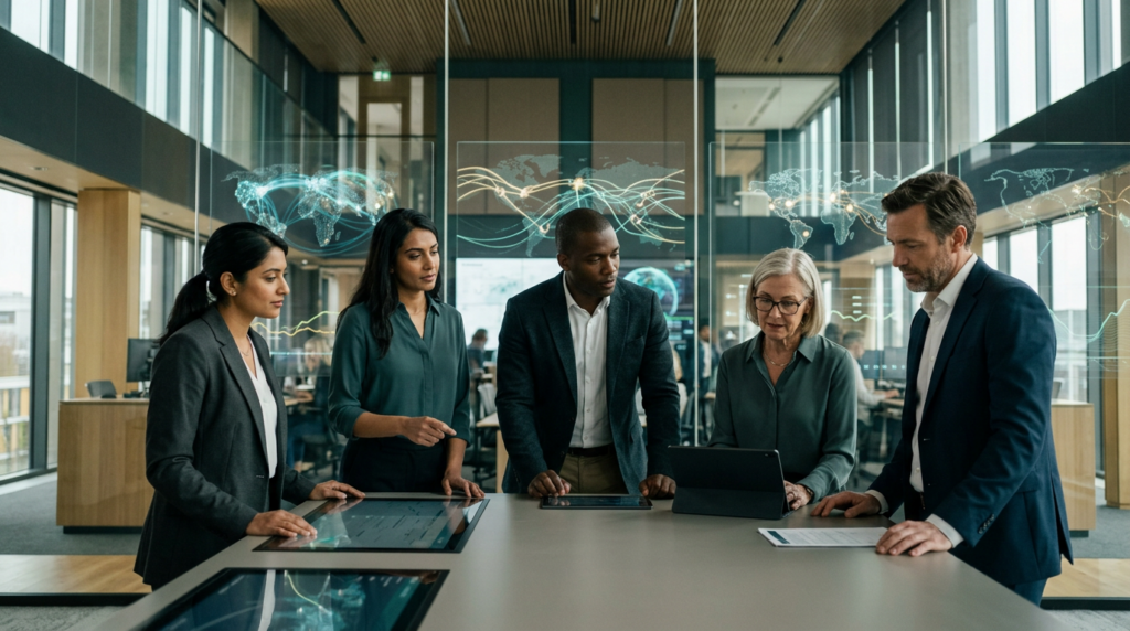 Banking executives reviewing payment activity and BSA/AML controls in a modern financial operations center.